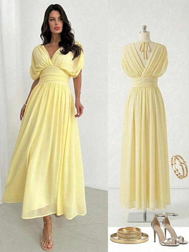 light yellow chiffon criss-cross ruffle batwing sleeve dress