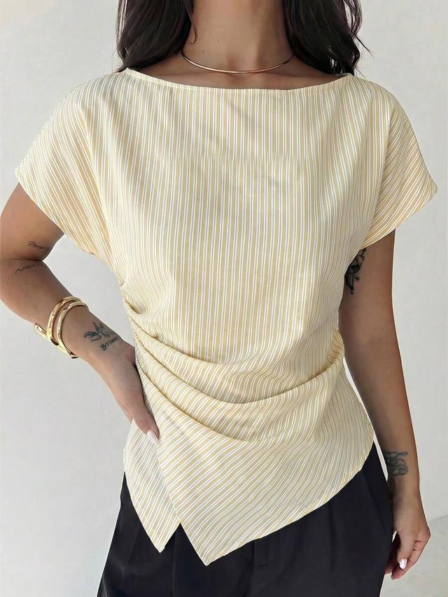 pale yellow striped asymmetric hem blouse