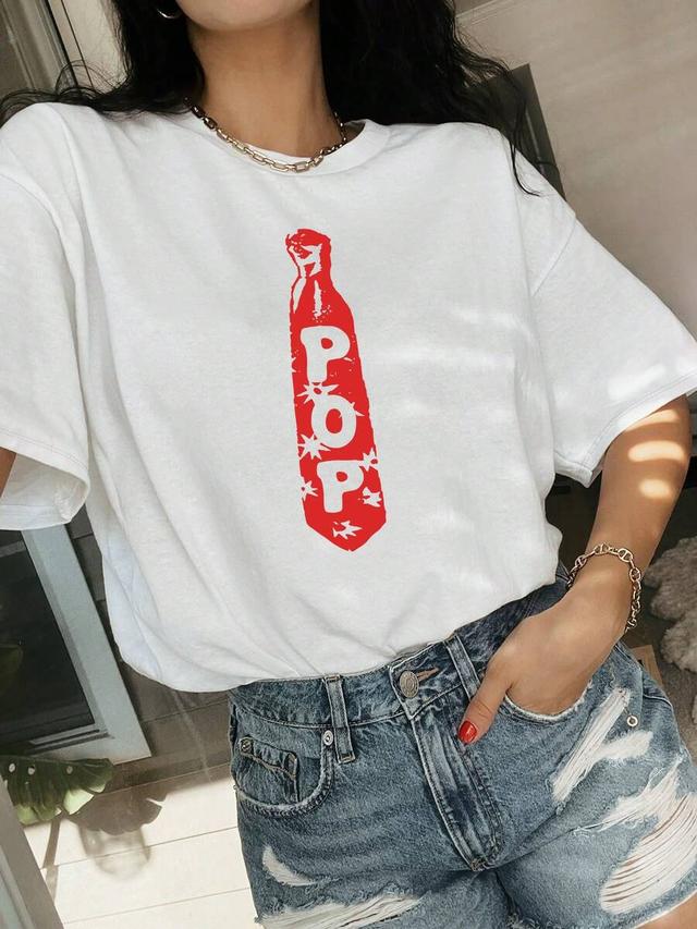 white pop bottle printed black cotton t-shirt