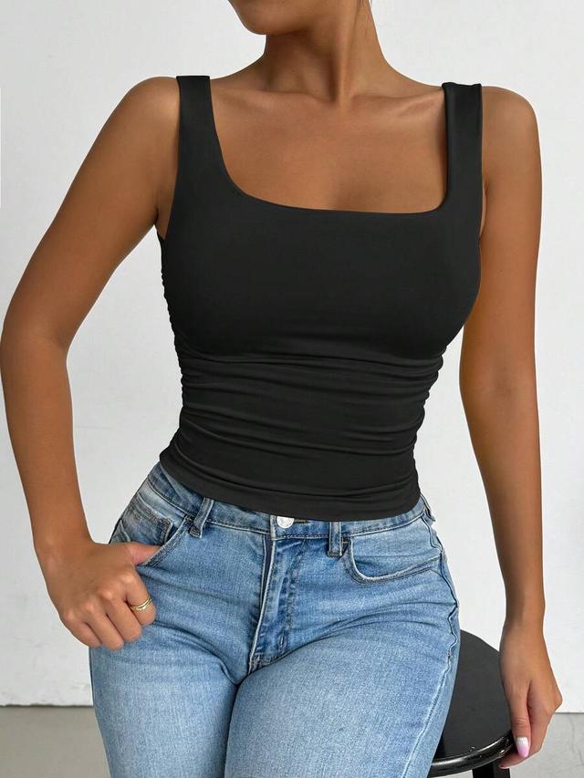 black allurite solid color minimalist wide strap casual tank top