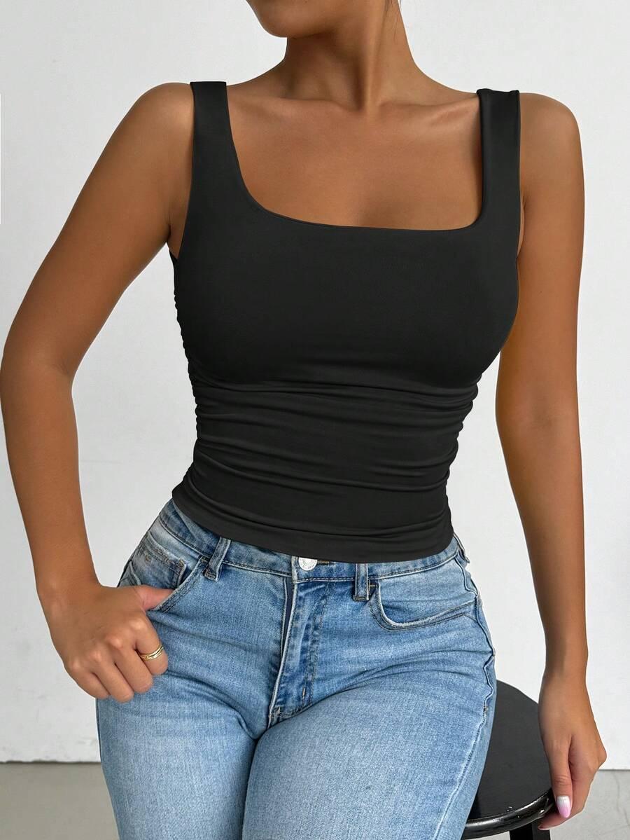 black allurite solid color minimalist wide strap casual tank top