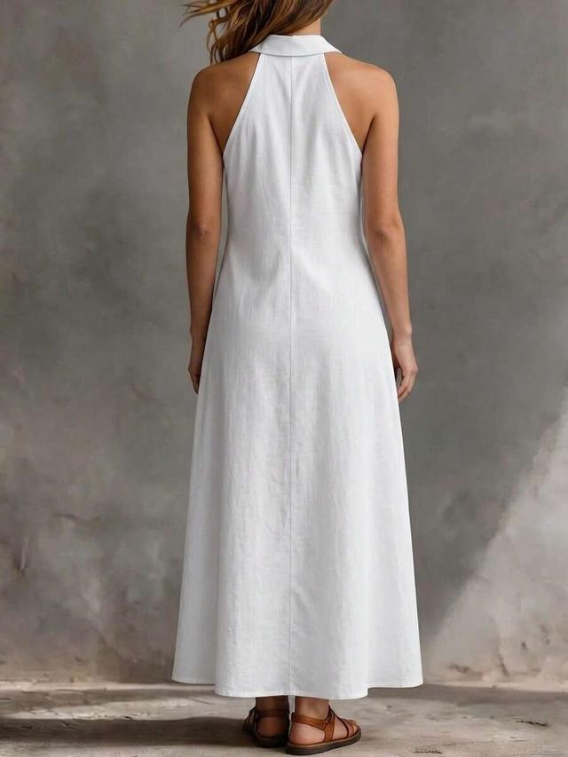 white cotton halter neck sleeveless v-neck maxi dress
