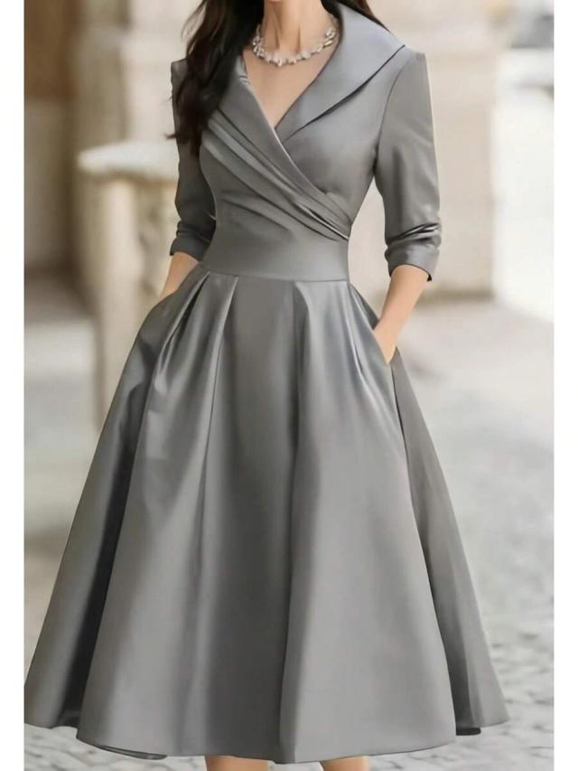 grey satin wrap-style midi dress with shawl collar