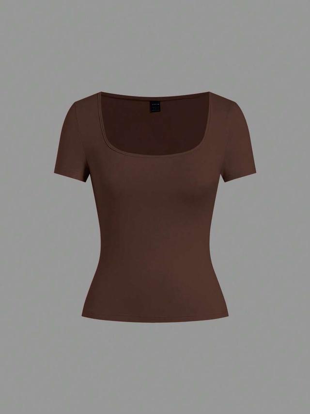 dark brown square neck casual cotton t-shirt