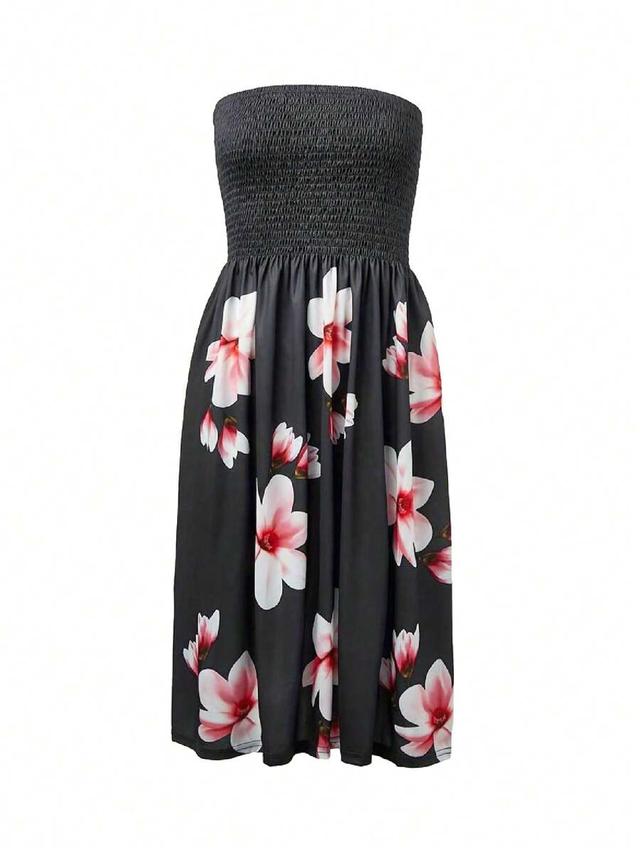 dark grey floral print strapless smocked tube dress