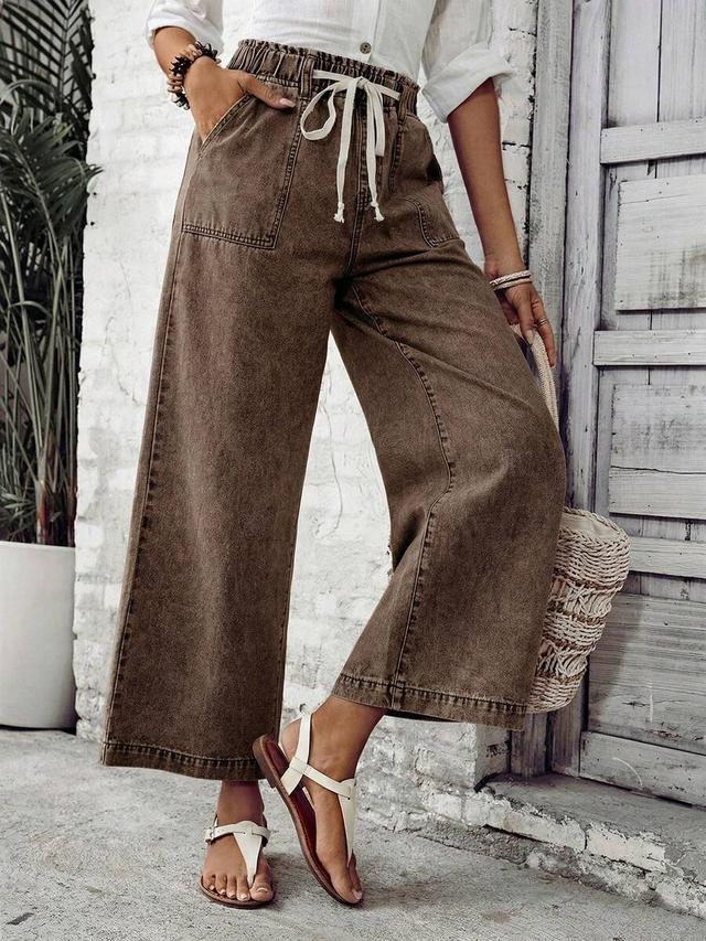 brown women's light wash denim wide leg jeans