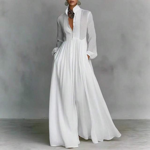 white long sleeve button-down maxi dress