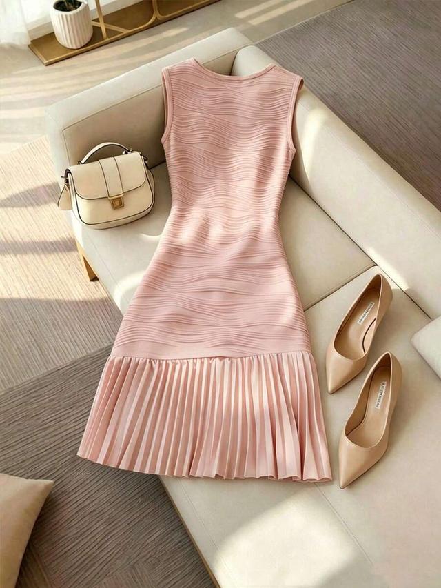 apricot textured knit pleated a-line dress