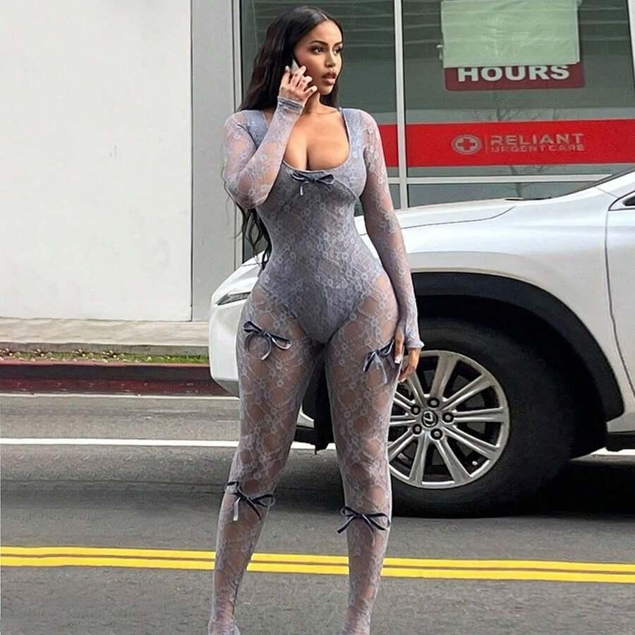 grey see-through lace long-sleeved jumpsuit with ribbon bows