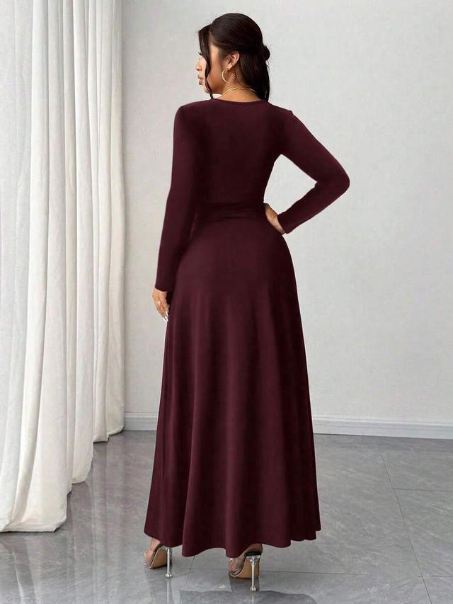 burgundy v-neck long sleeve bodycon slit dress