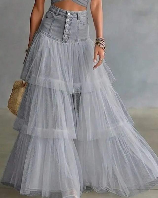 light grey high waist denim and tulle tiered maxi skirt