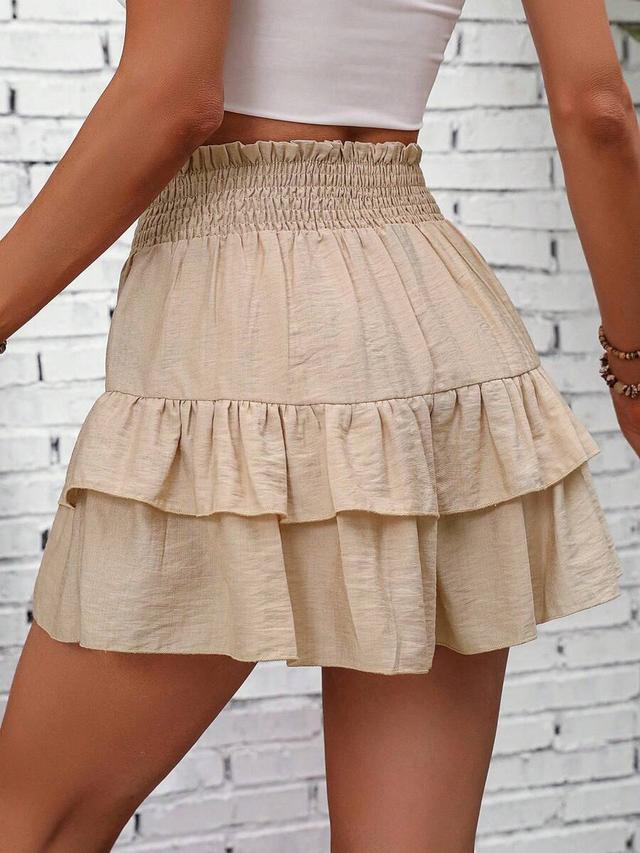 beige shirred waist ruffled hem vacation skort