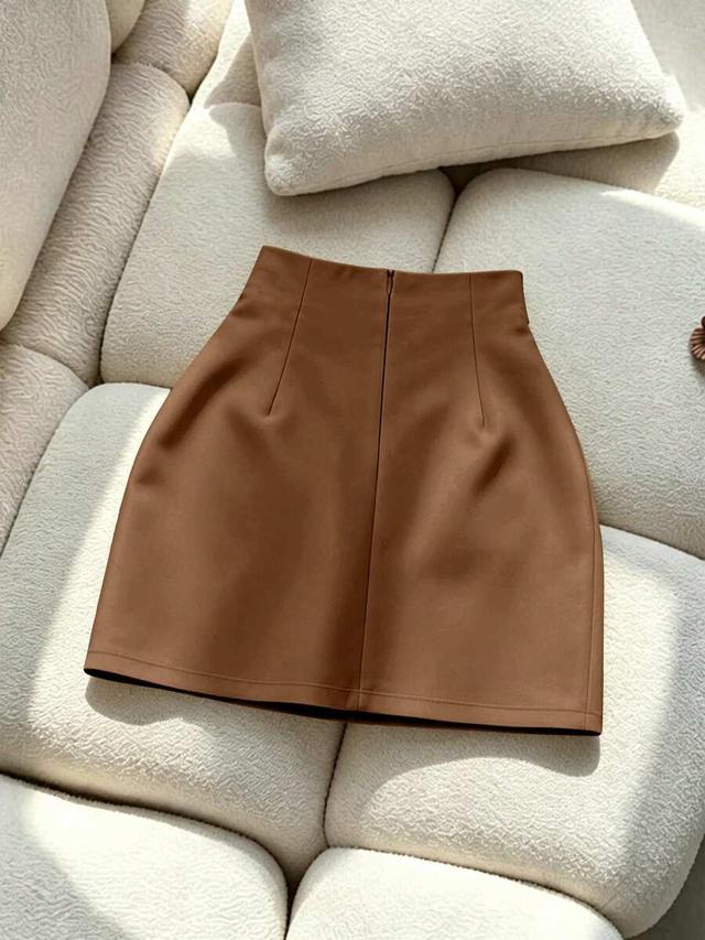 elegant brown faux leather pleated mini skirt