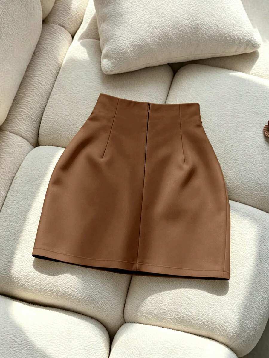 elegant brown faux leather pleated mini skirt