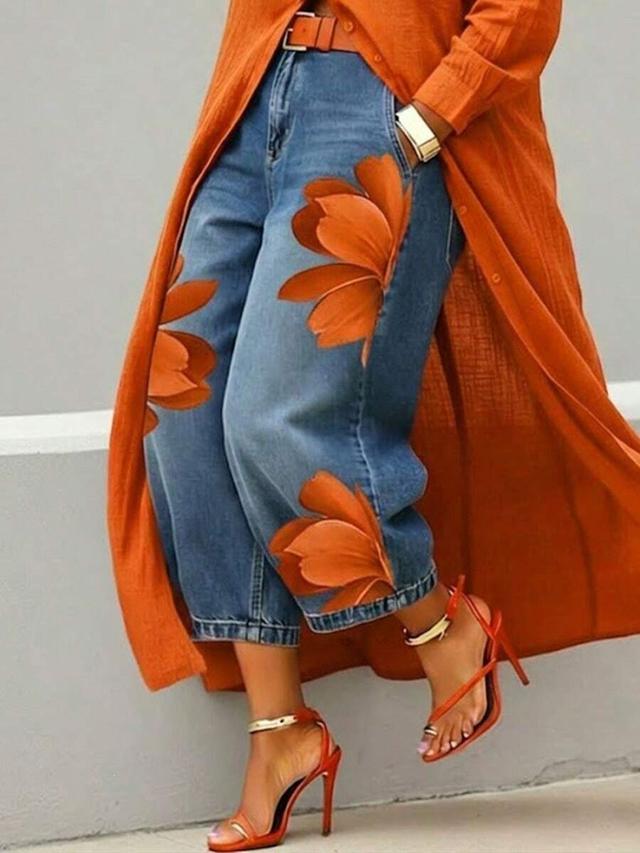 orange high waist floral print straight leg cropped denim jeans