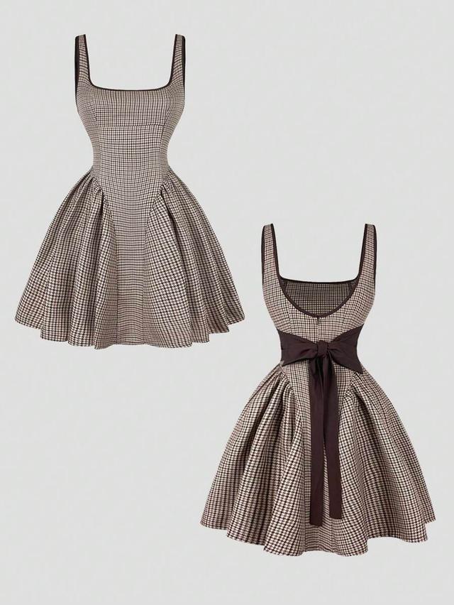 dark brown houndstooth retro french plaid bow strap cinched waist dress