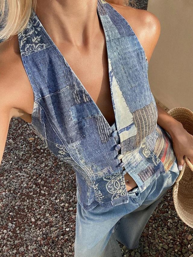 patchwork denim halter top with floral print