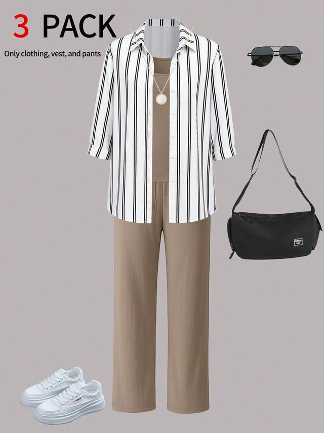 tan women's 3-piece casual outfit set with striped shirt jacket