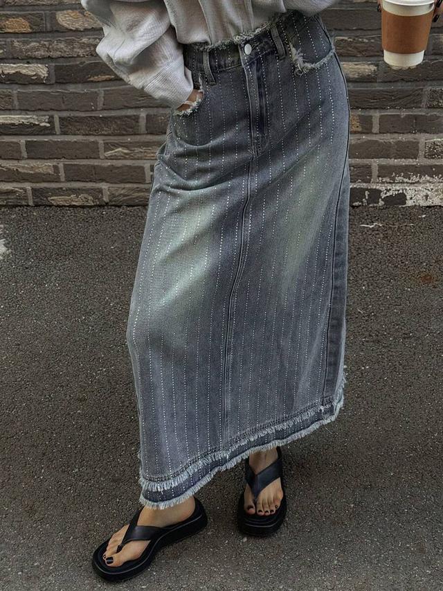 grey wash rhinestone embellished distressed denim pencil skirt