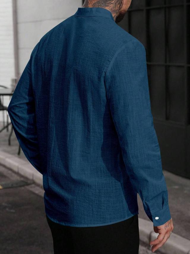 navy blue stand collar long sleeve casual shirt