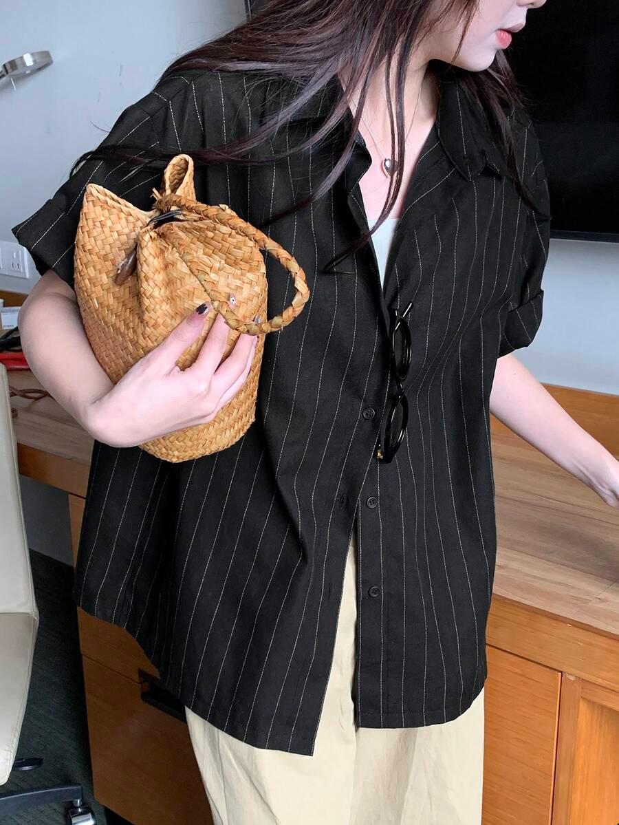 dazy women's black pinstriped short sleeve button-up shirt