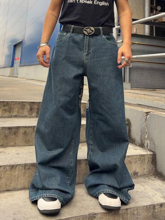 plain blue embroidered pattern loose fit denim jeans