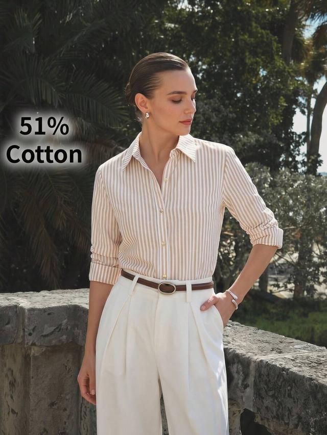 beige and white striped cotton blend long sleeve shirt