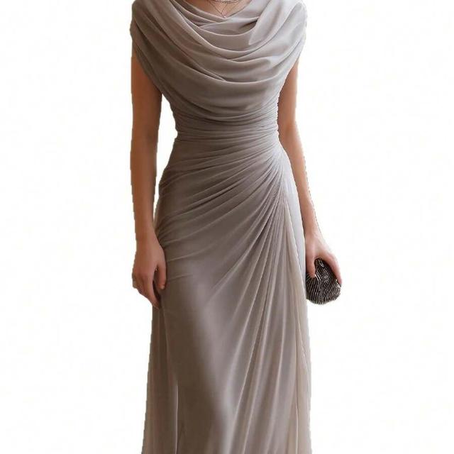 white draped cowl neck evening maxi dress