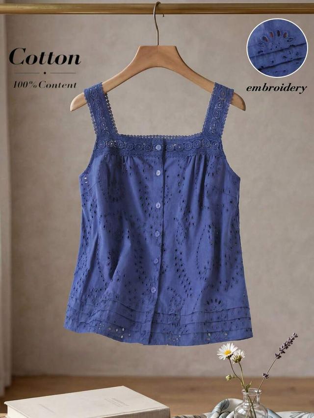 light blue cotton eyelet embroidered sleeveless blouse