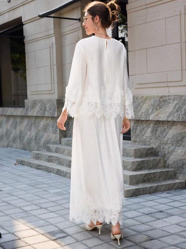 white lace embroidered patchwork blouse and skirt set