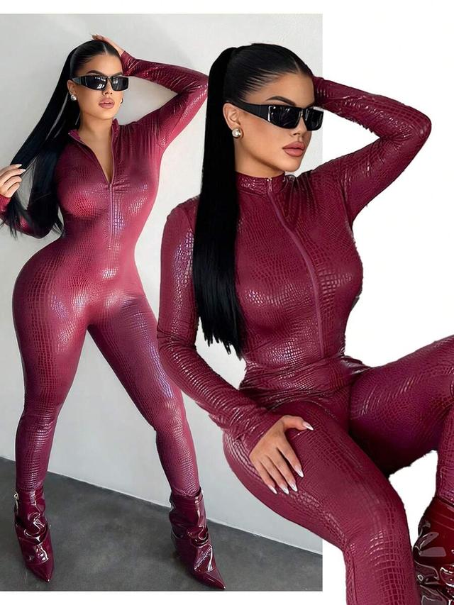 dark burgundy snake skin pattern long sleeve zipper front bodysuit