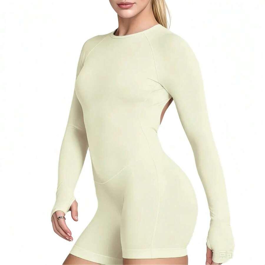 pale yellow long sleeve backless slim fit yoga jumpsuit