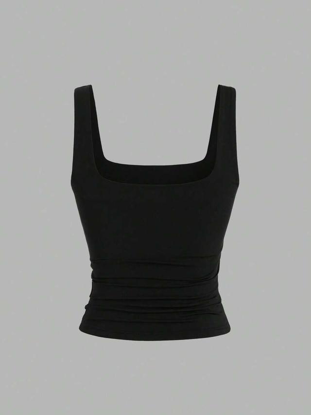 black sweetra women's solid color square neck pleated camisole