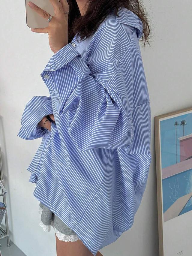 women's blue and white striped loose fit collared shirt