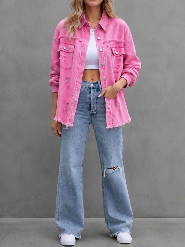 pink women's solid distressed fringe denim shirt jacket