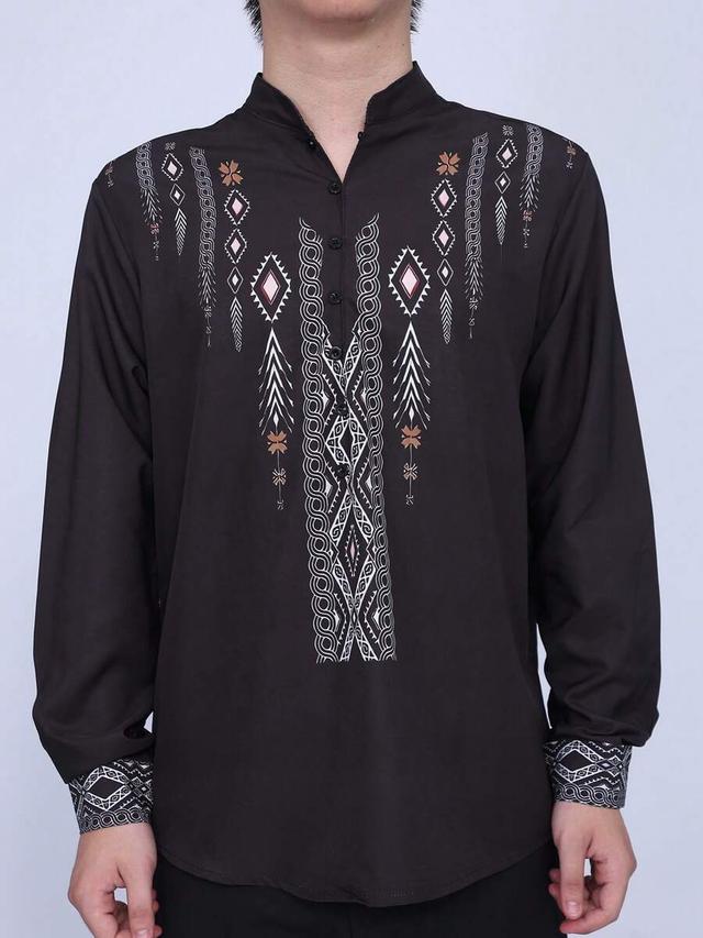 dark brown men's black long sleeve shirt with geometric print
