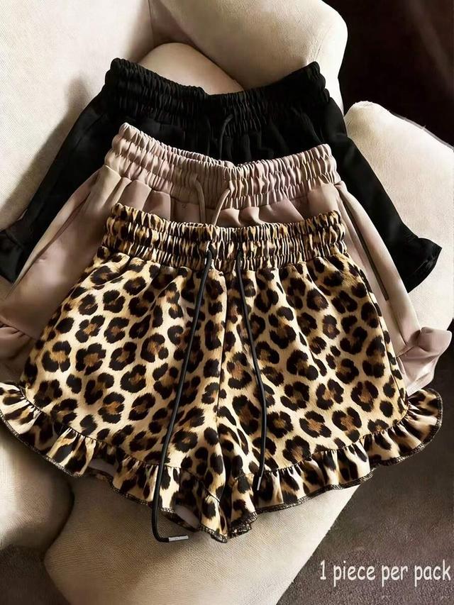 beige leopard print drawstring waist ruffle hem shorts