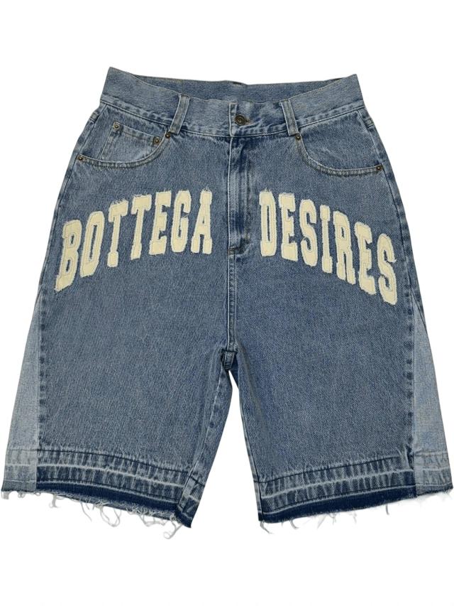light wash distressed black denim shorts with letter applique