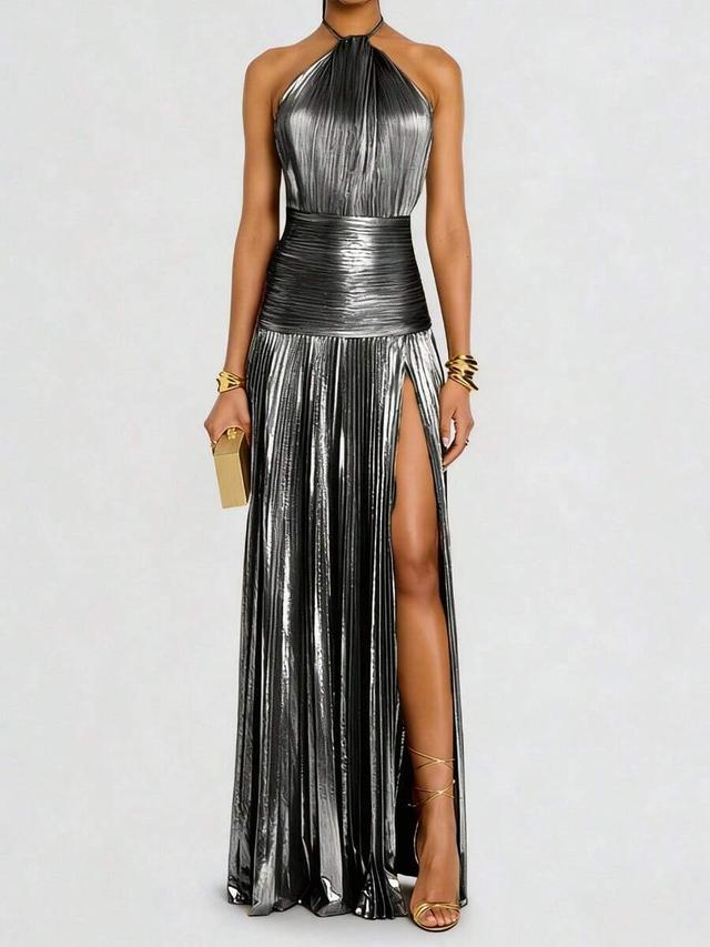 silver pleated halter neck evening maxi dress