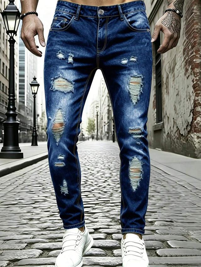 blue men's street style ripped stretch slim fit jeans