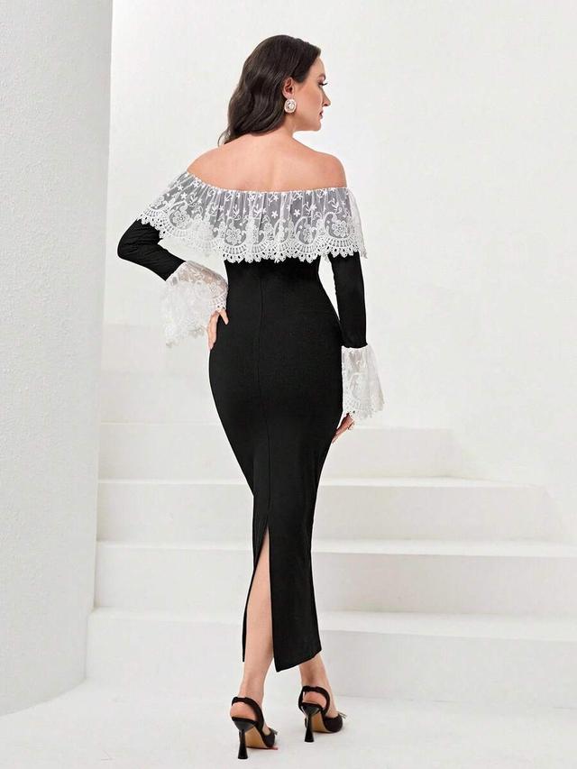 contrast lace off shoulder bodycon dress with flounce sleeves