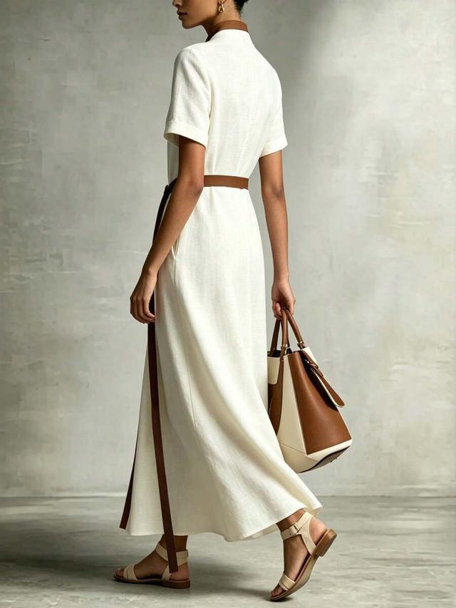 white linen v-neck maxi dress with brown trim