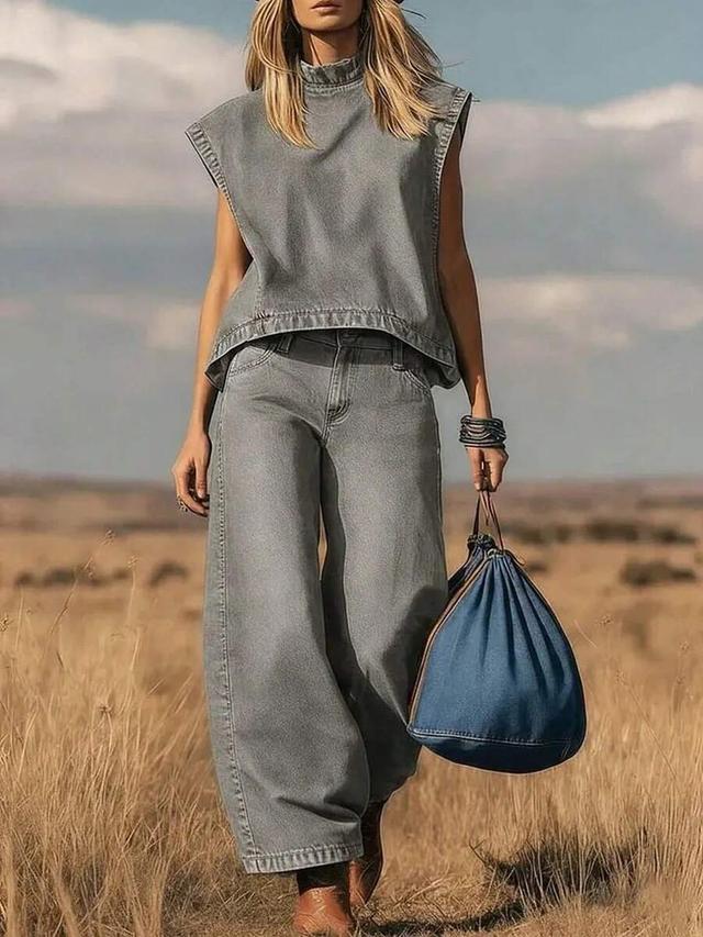 grey high-waisted loose wide-leg faux denim trousers