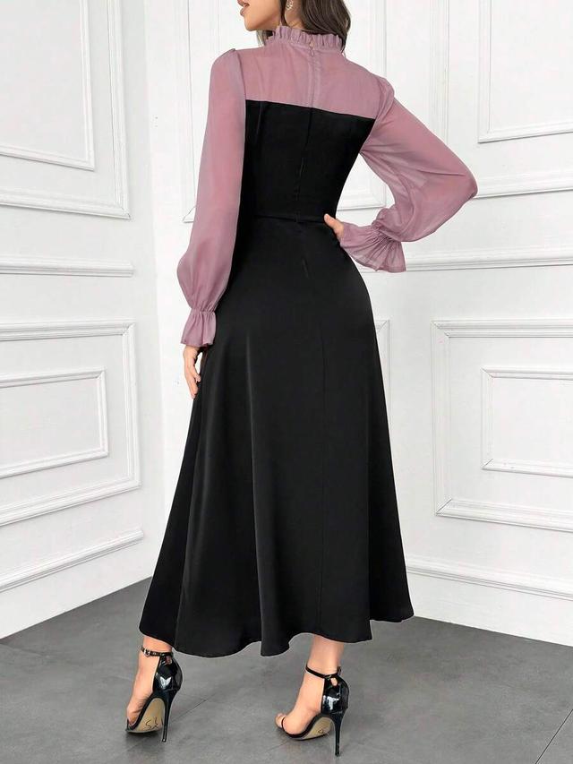 elegant ruffle trim color block tie waist dress