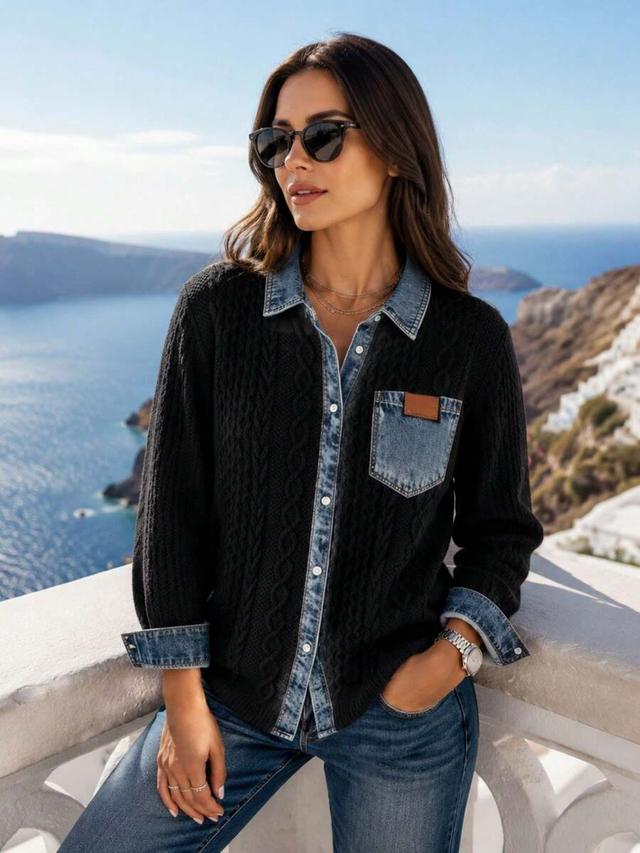 black cable knit patchwork denim shirt jacket