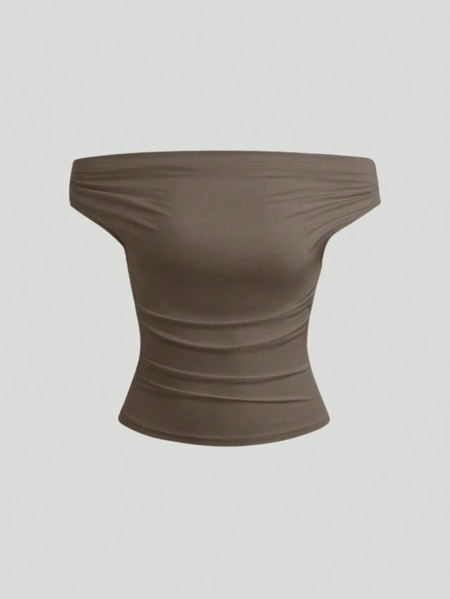 brown three off-shoulder top in black brown and beige