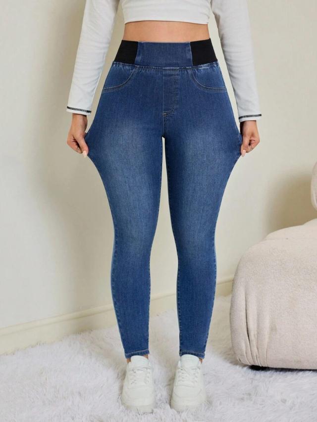 high waist elastic waistband dark wash skinny jeans