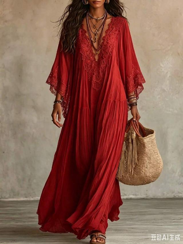 red bohemian lace trim maxi dress
