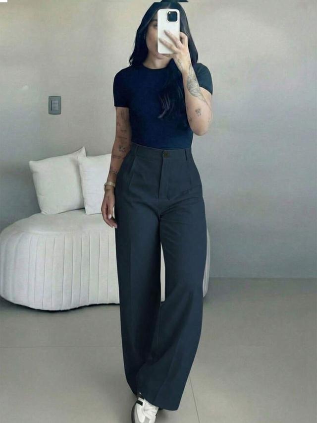 dark blue women's high waist slim fit wide leg pants