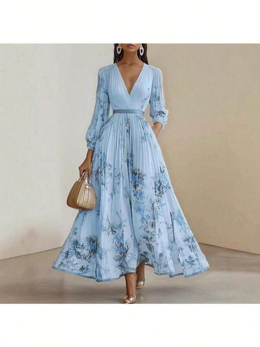 light blue floral pleated floral chiffon maxi dress with waist band